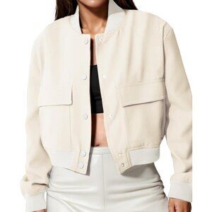 Womens Milky White Spring Varsity Bomber Jacket Cropped Button Down Casual Coat